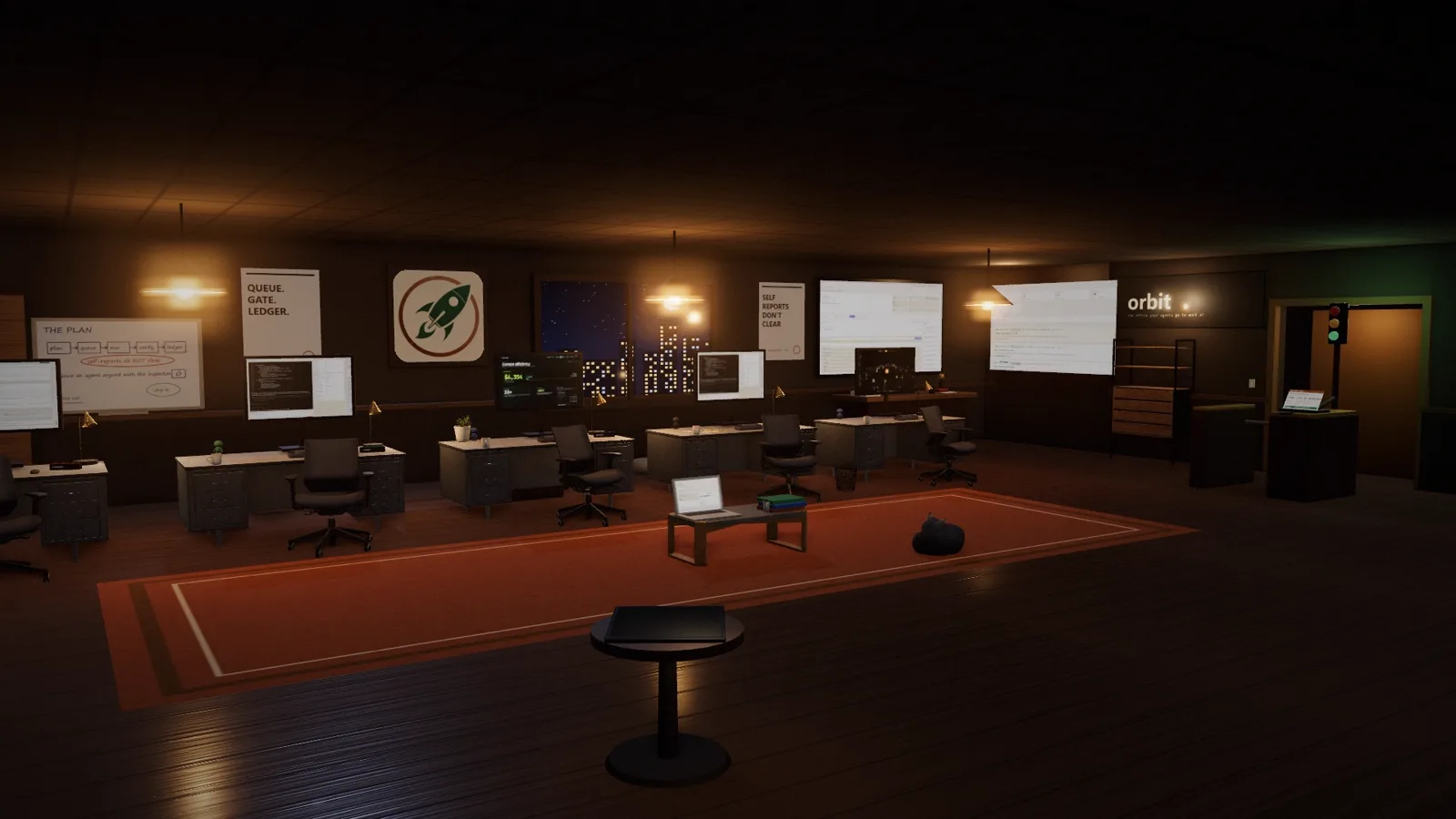The office on the night shift: a cork job board on the left wall, five desks with lit monitors, a city window, the Git page and the completions ledger on the far wall, and a turnstile by the door.