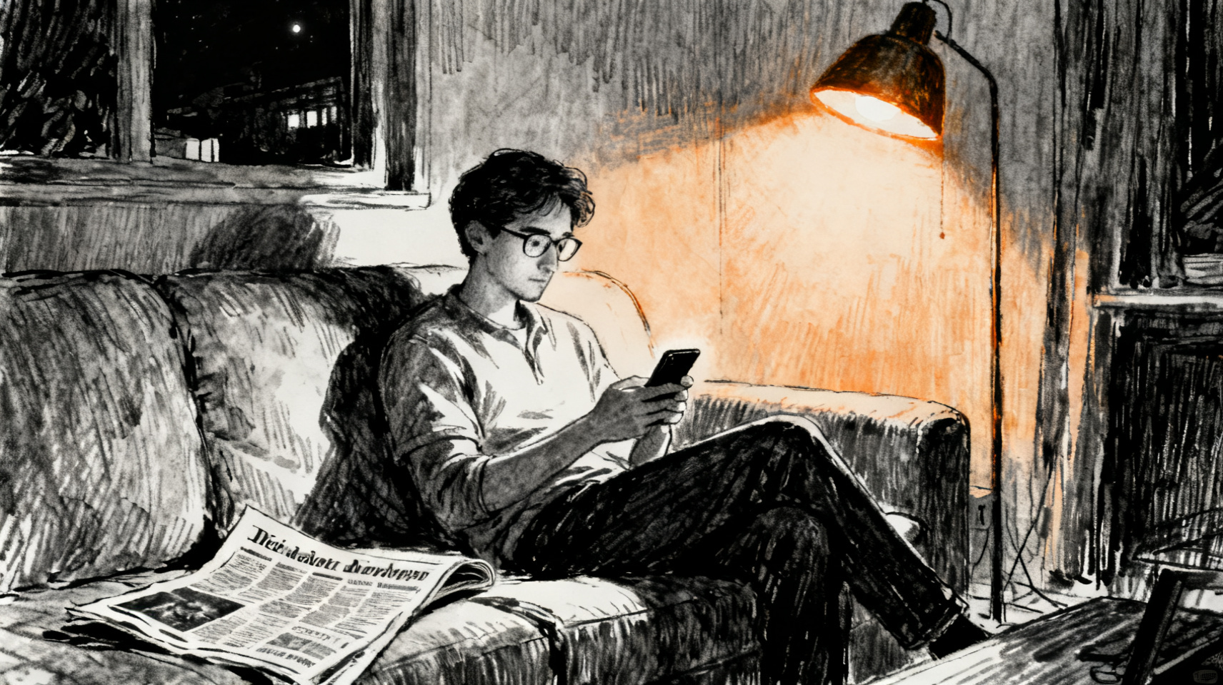 Developer lying on a couch late at night, phone in hand, blue screen glow the only light in the room