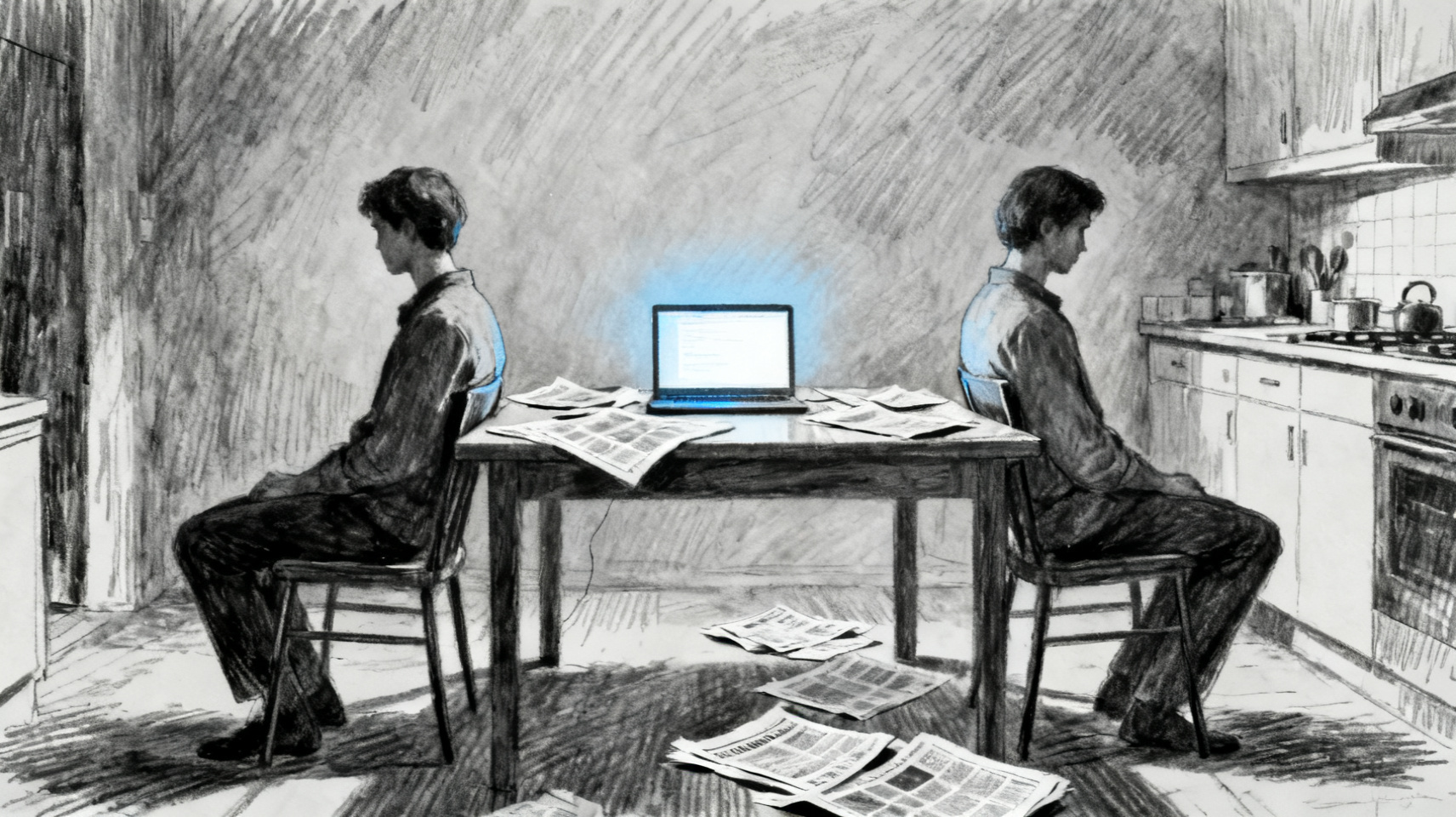 Two developers seated back to back at a kitchen table, papers spread between them, each isolated in their own separate work