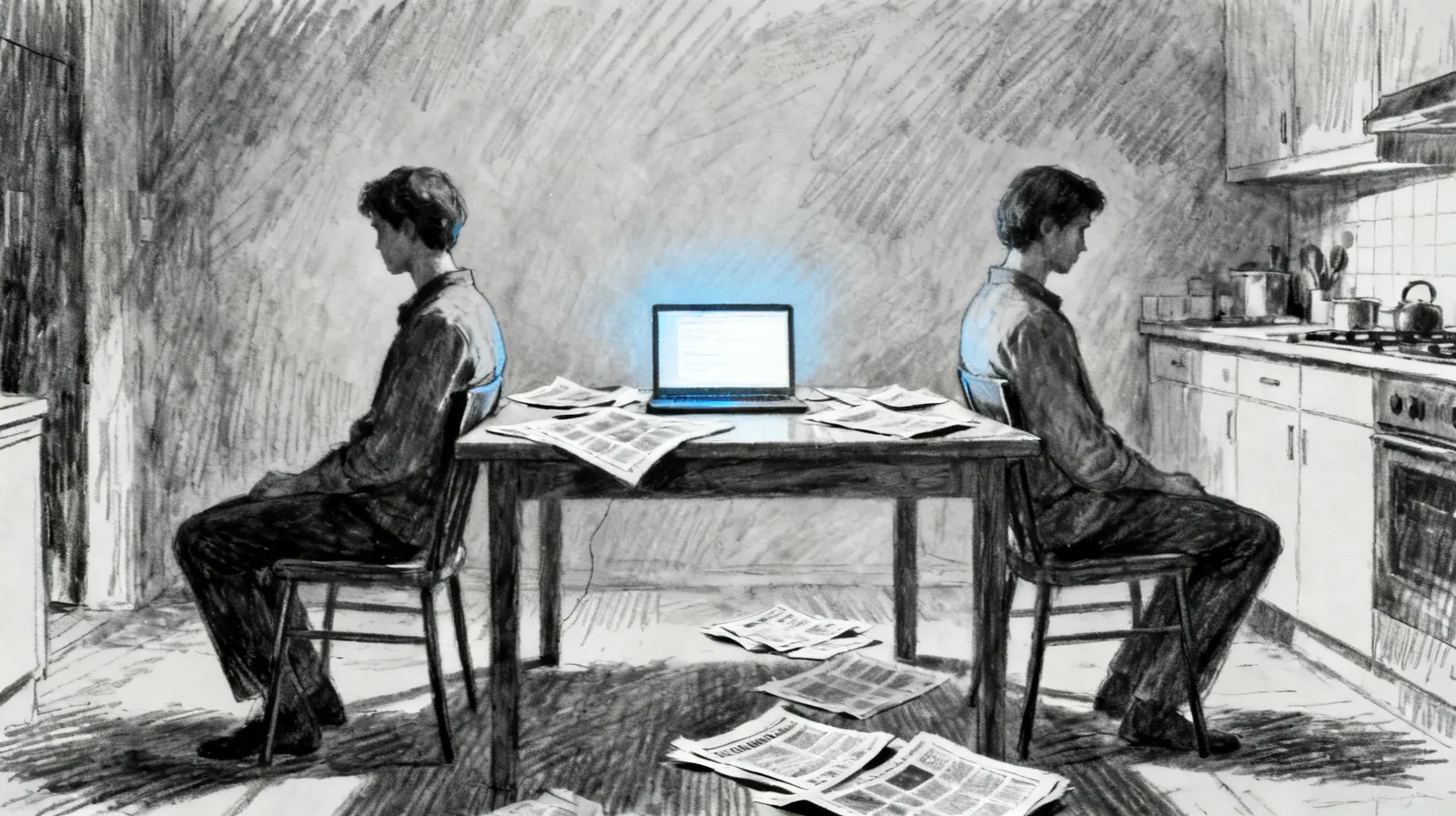 Two developers seated back to back at a kitchen table, papers spread between them, each isolated in their own separate work