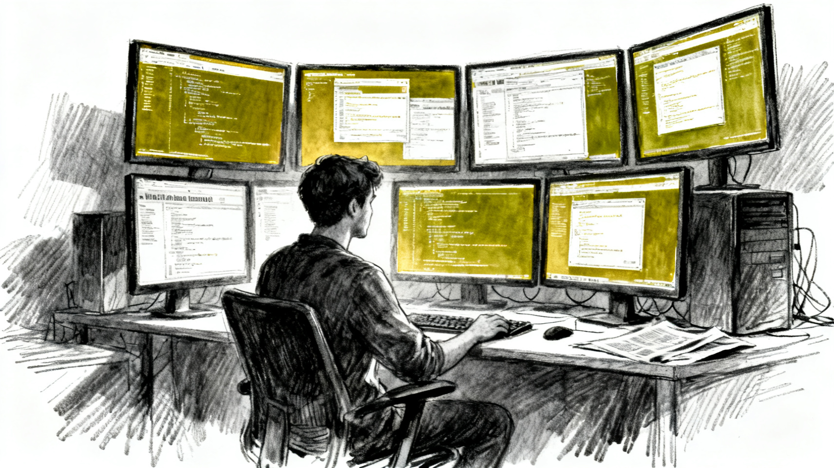 A single figure standing before a large wall covered in monitors and screens, posture calm but overwhelmed by the scale of it all