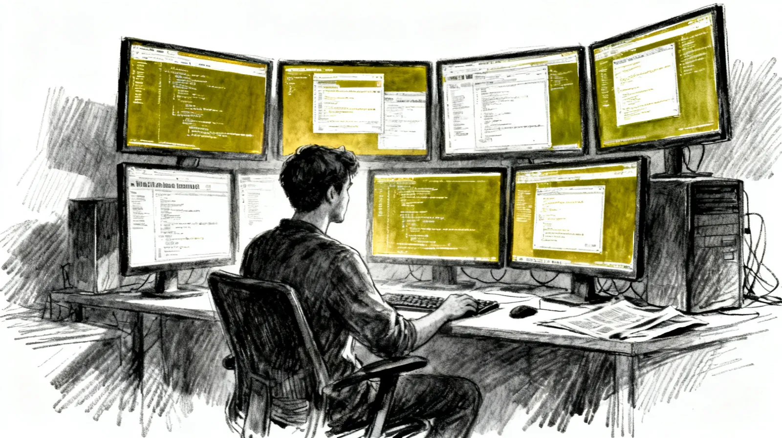 A single figure standing before a large wall covered in monitors and screens, posture calm but overwhelmed by the scale of it all