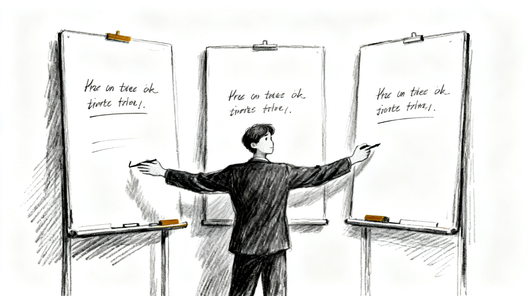 A figure writing the same note on three separate whiteboards arranged side by side, identical content repeated across all three