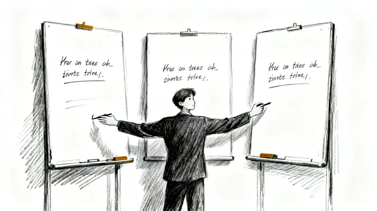 A figure writing the same note on three separate whiteboards arranged side by side, identical content repeated across all three